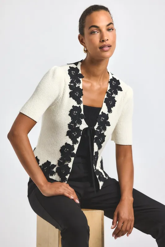 Maes Short Sleeve Cardigan With Lace Trim - Blanc de Blanc-Black sold by Derek Lam