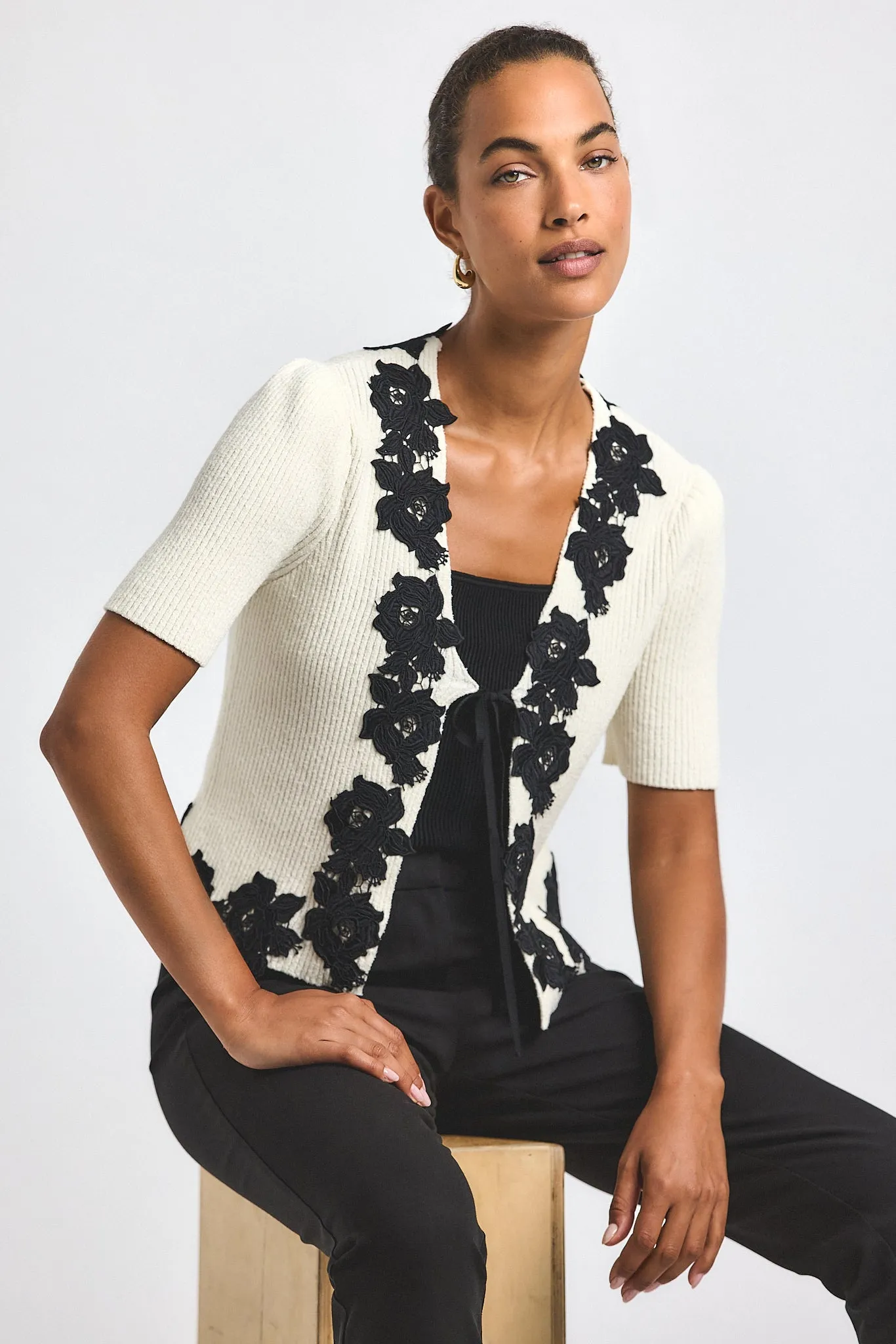 Maes Short Sleeve Cardigan With Lace Trim - Blanc de Blanc-Black sold by Derek Lam