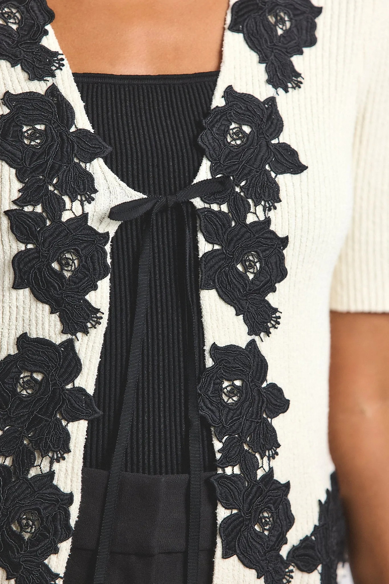 Maes Short Sleeve Cardigan With Lace Trim - Blanc de Blanc-Black sold by Derek Lam product image thumbnail 2