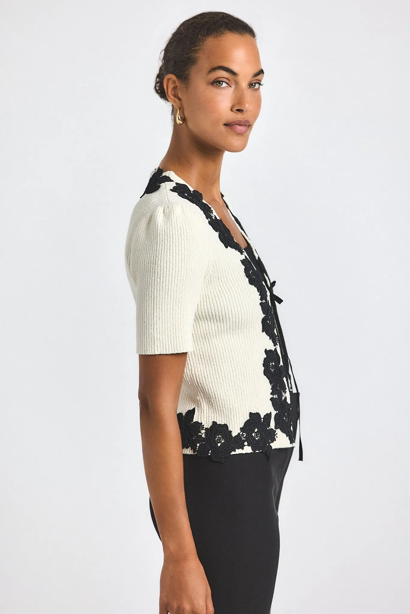 Maes Short Sleeve Cardigan With Lace Trim - Blanc de Blanc-Black sold by Derek Lam product image thumbnail 3