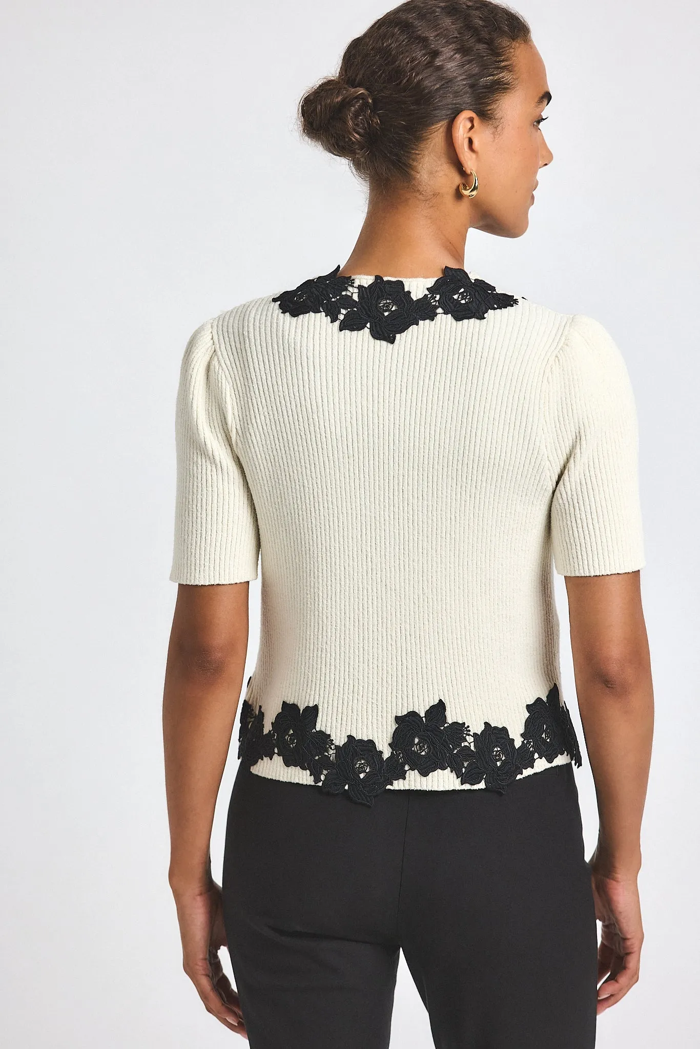 Maes Short Sleeve Cardigan With Lace Trim - Blanc de Blanc-Black sold by Derek Lam product image thumbnail 4