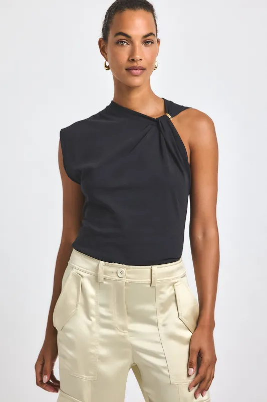 Nia Assymmetric Embellished Twist Tee - Black sold by Derek Lam
