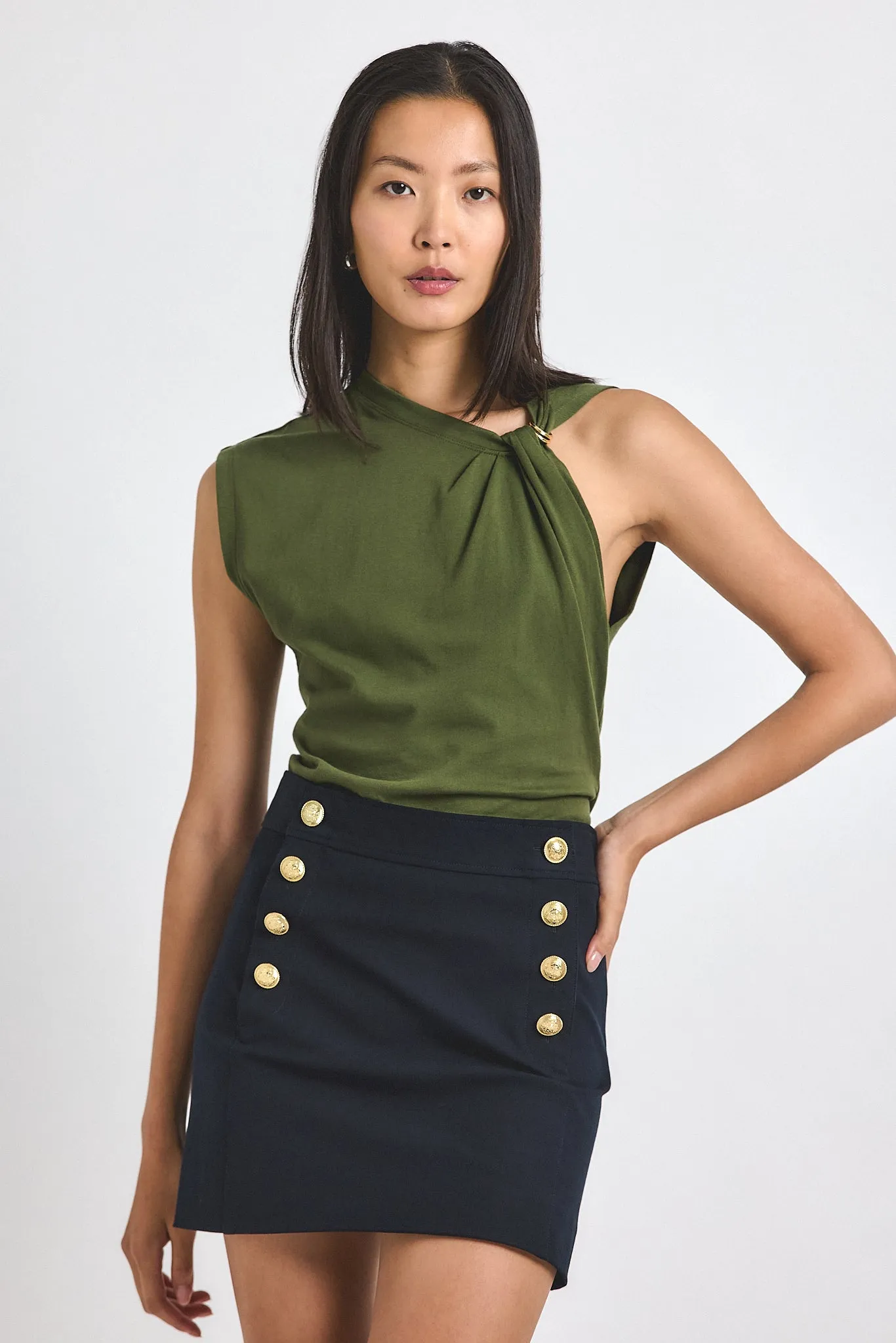 Nia Assymmetric Embellished Twist Tee - Fatigue sold by Derek Lam