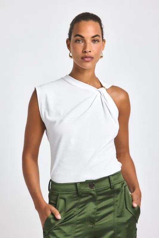 Nia Assymmetric Embellished Twist Tee - White sold by Derek Lam
