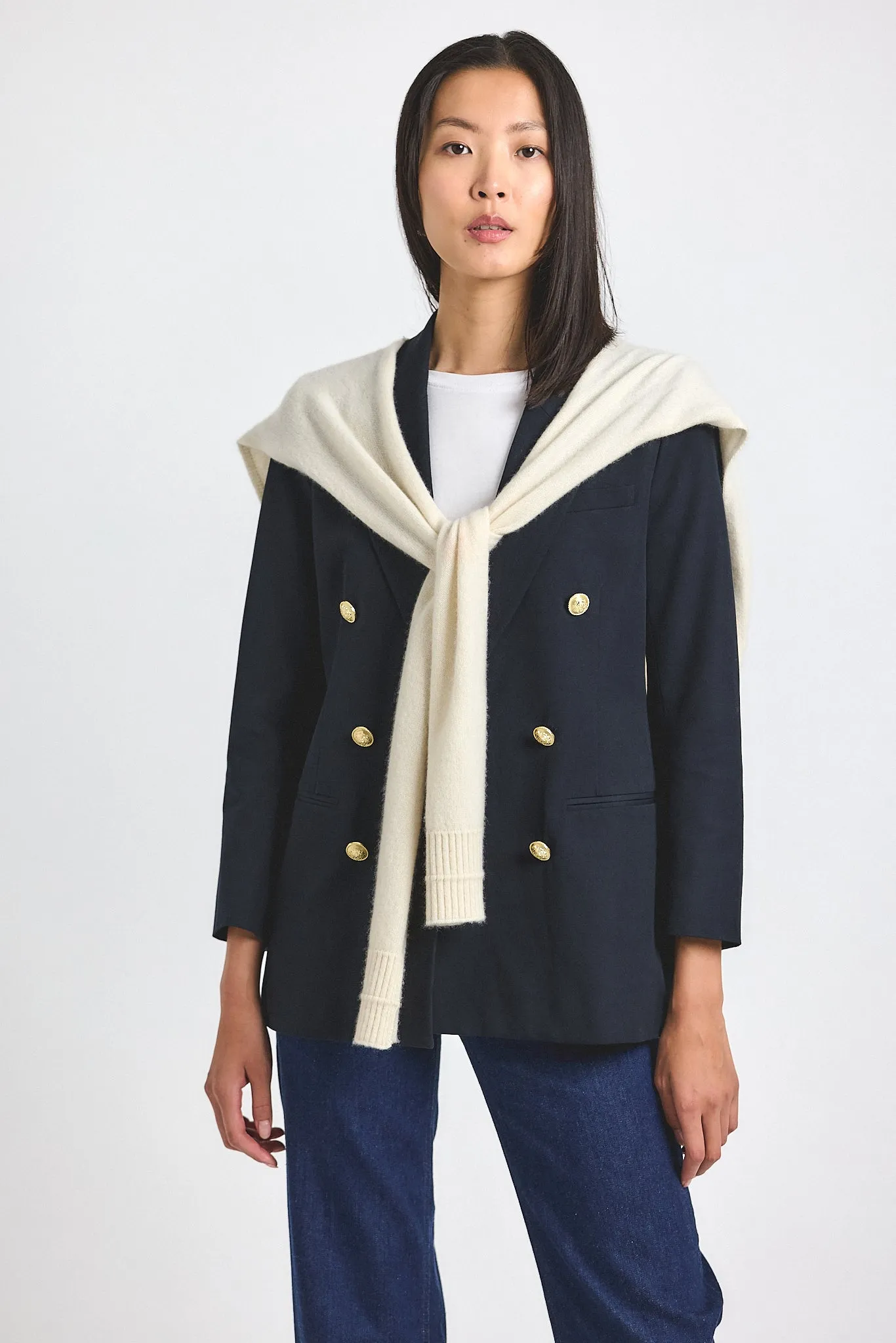 Walter Double Breasted Jacket with Shrug - Black-Chalk sold by Derek Lam
