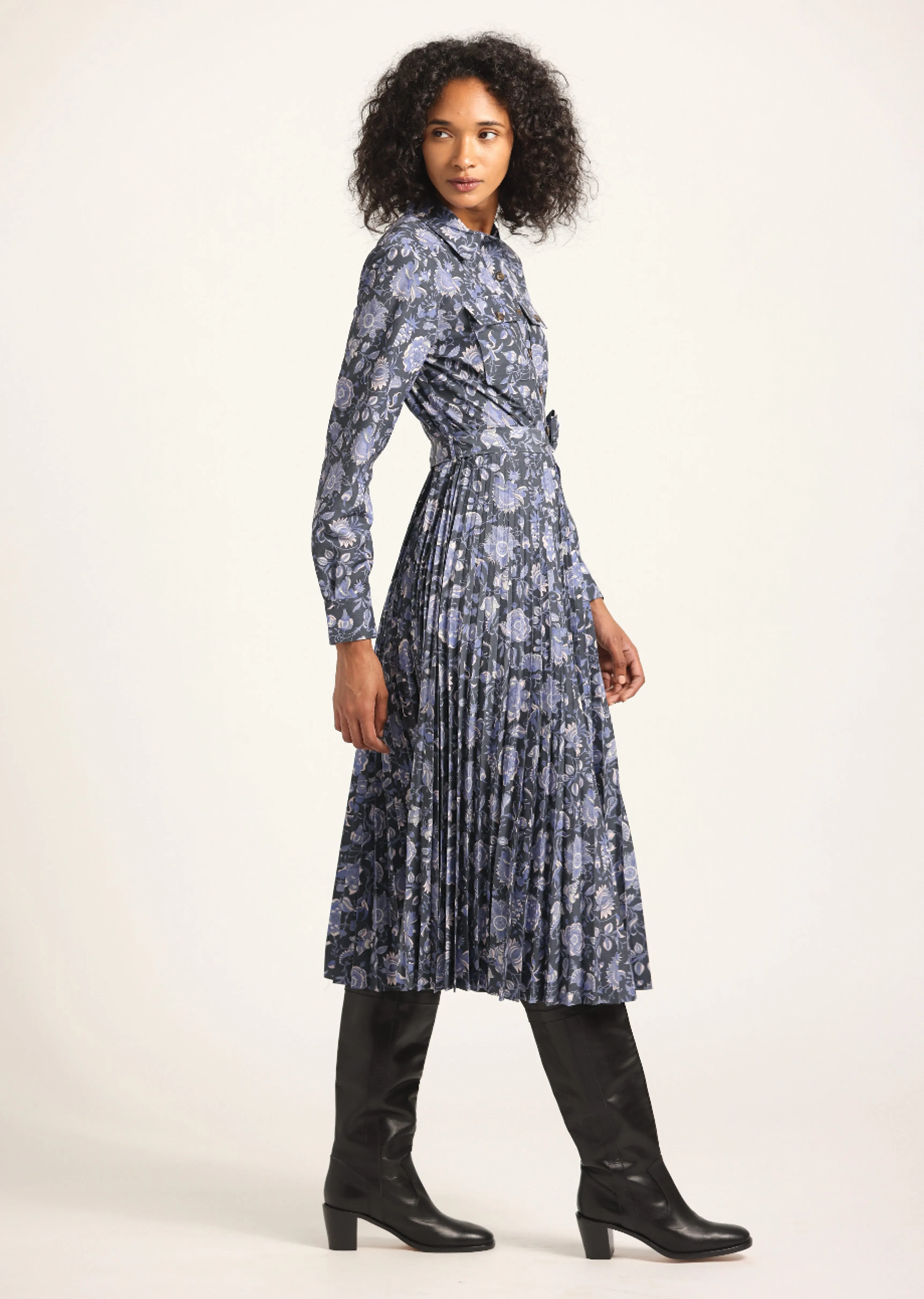 Kenza Pleated Midi Dress - Batik Navy Floral sold by Derek Lam product image thumbnail 3