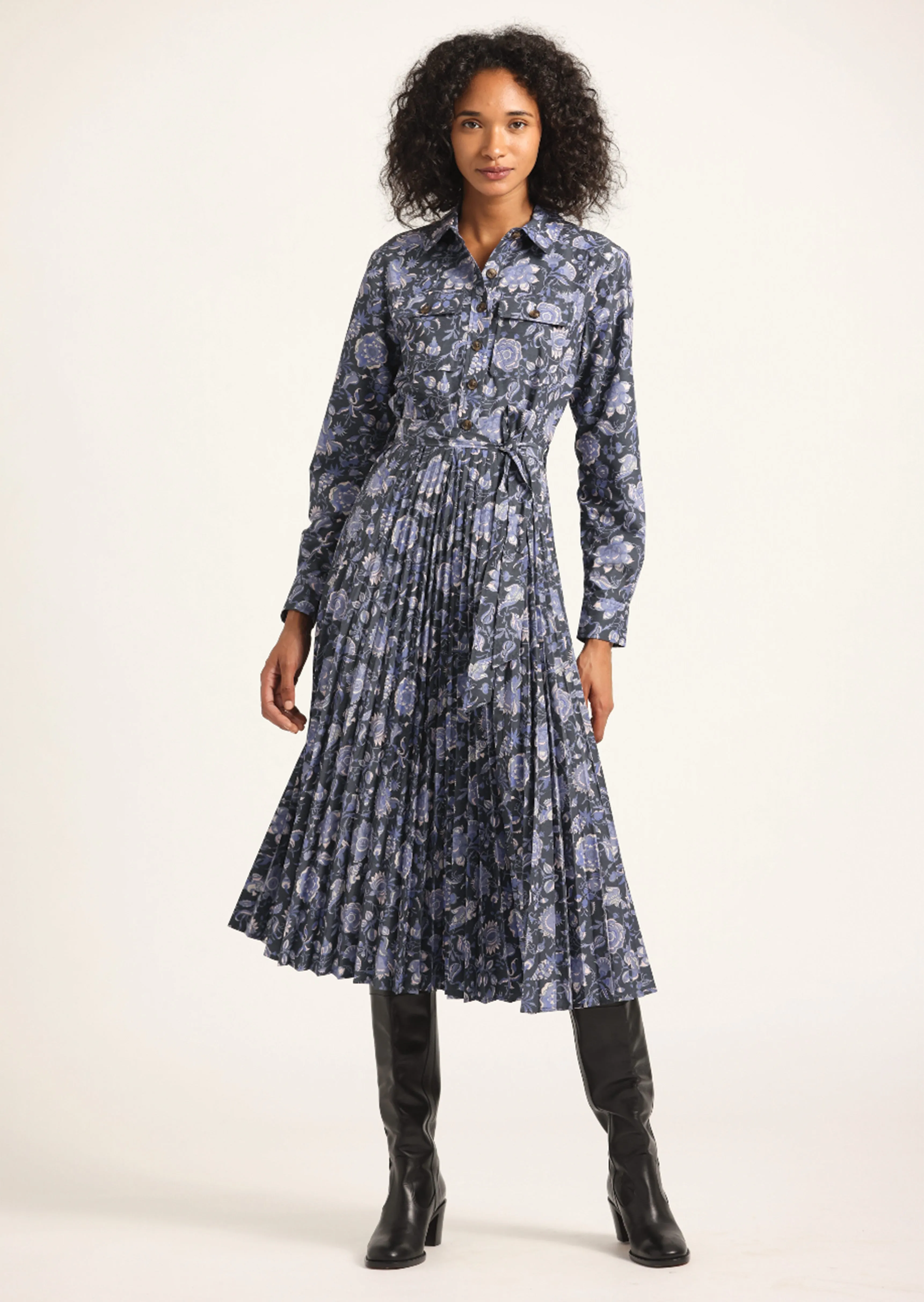 Kenza Pleated Midi Dress - Batik Navy Floral sold by Derek Lam