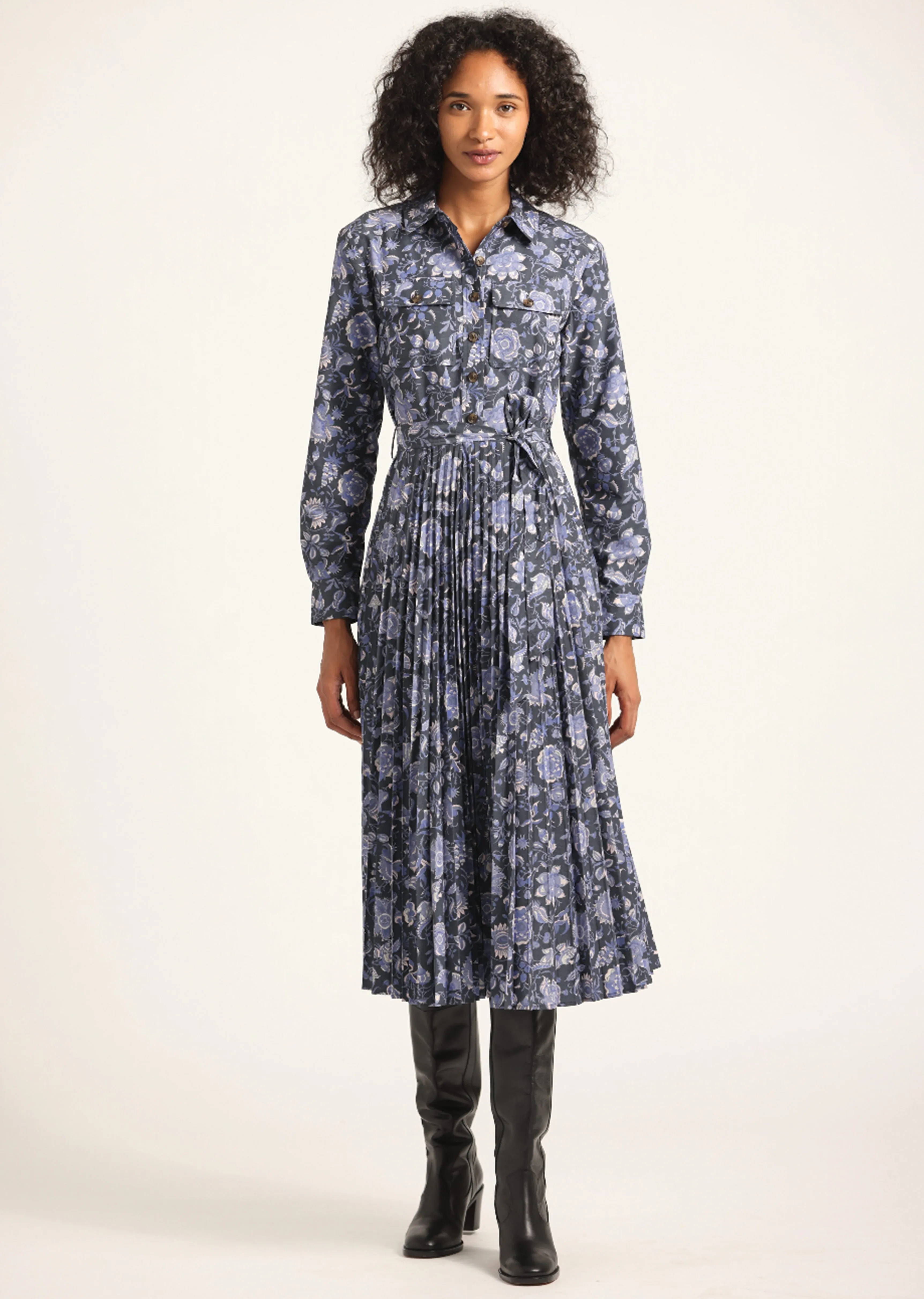 Kenza Pleated Midi Dress - Batik Navy Floral sold by Derek Lam product image thumbnail 4