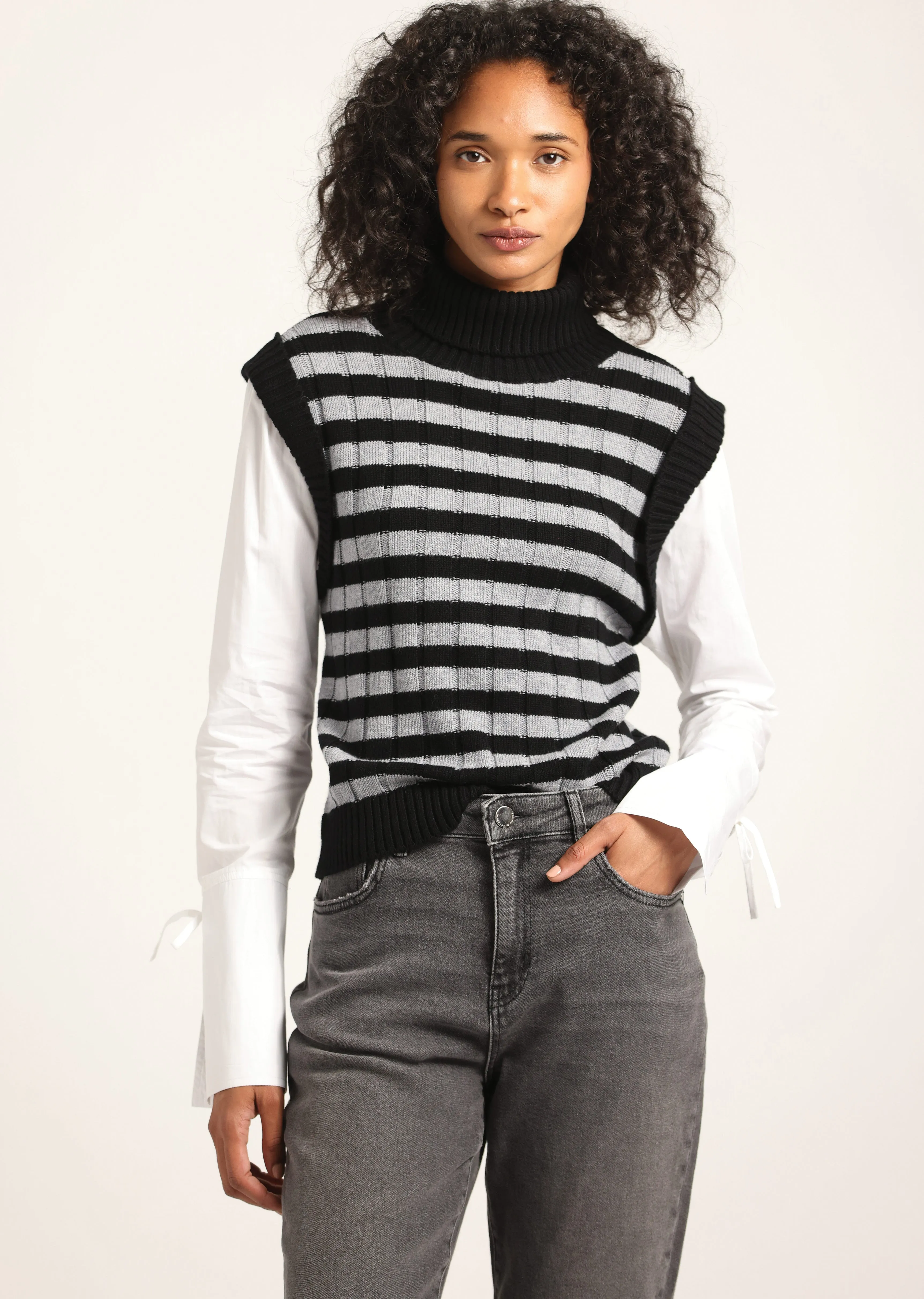Paola Mixed Media Turtleneck Sweater - Black-White-Grey sold by Derek Lam