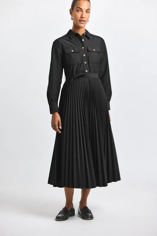 Kenza Cotton Poly Poplin Pleated Shirt Dress - Black sold by Derek Lam