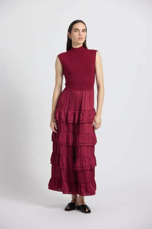 Klea Mixed Media Multi Tiered Dress - Carmine sold by Derek Lam