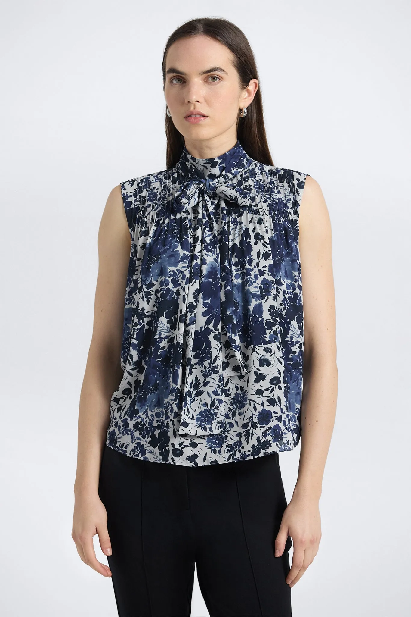 Allie Sleeveless Bow Blouse - Denim Blue Multi sold by Derek Lam