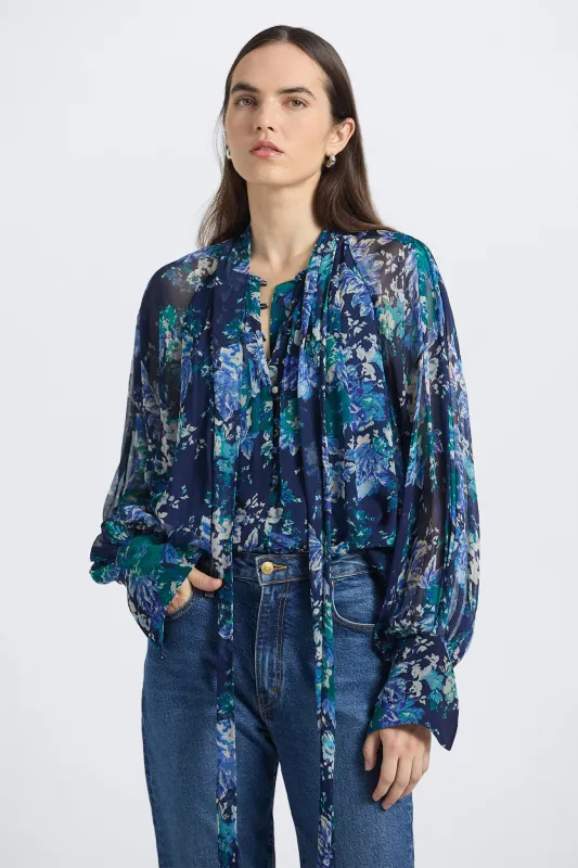 Aderyn Tapestry Print Tie Neck Blouse - Navy/Jade/Ecru sold by Derek Lam