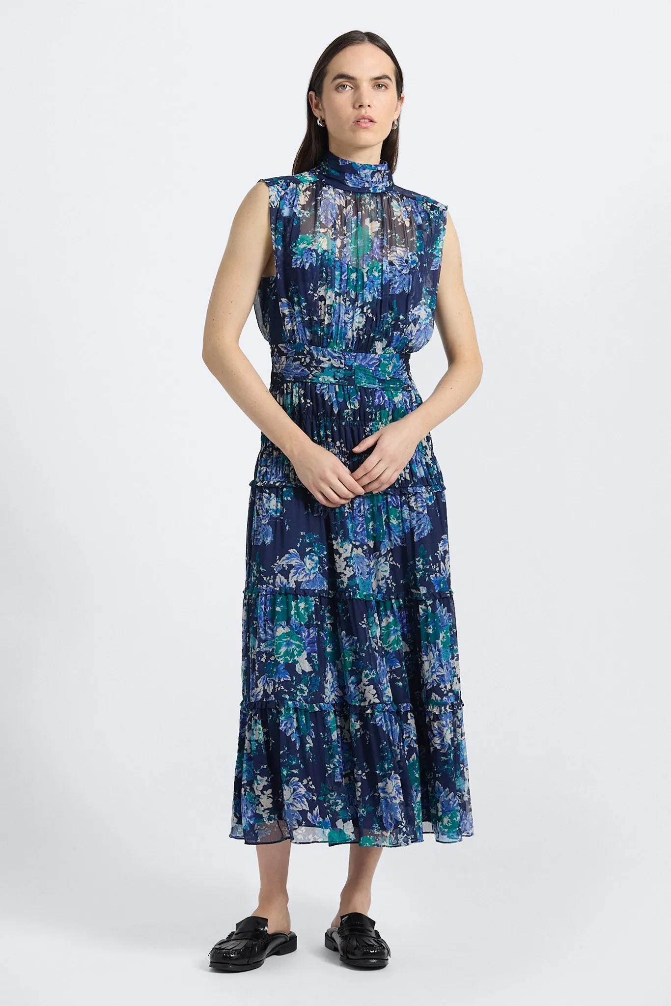 Junia Floral Tapestry High Neck Dress - Navy/Jade/Ecru sold by Derek Lam