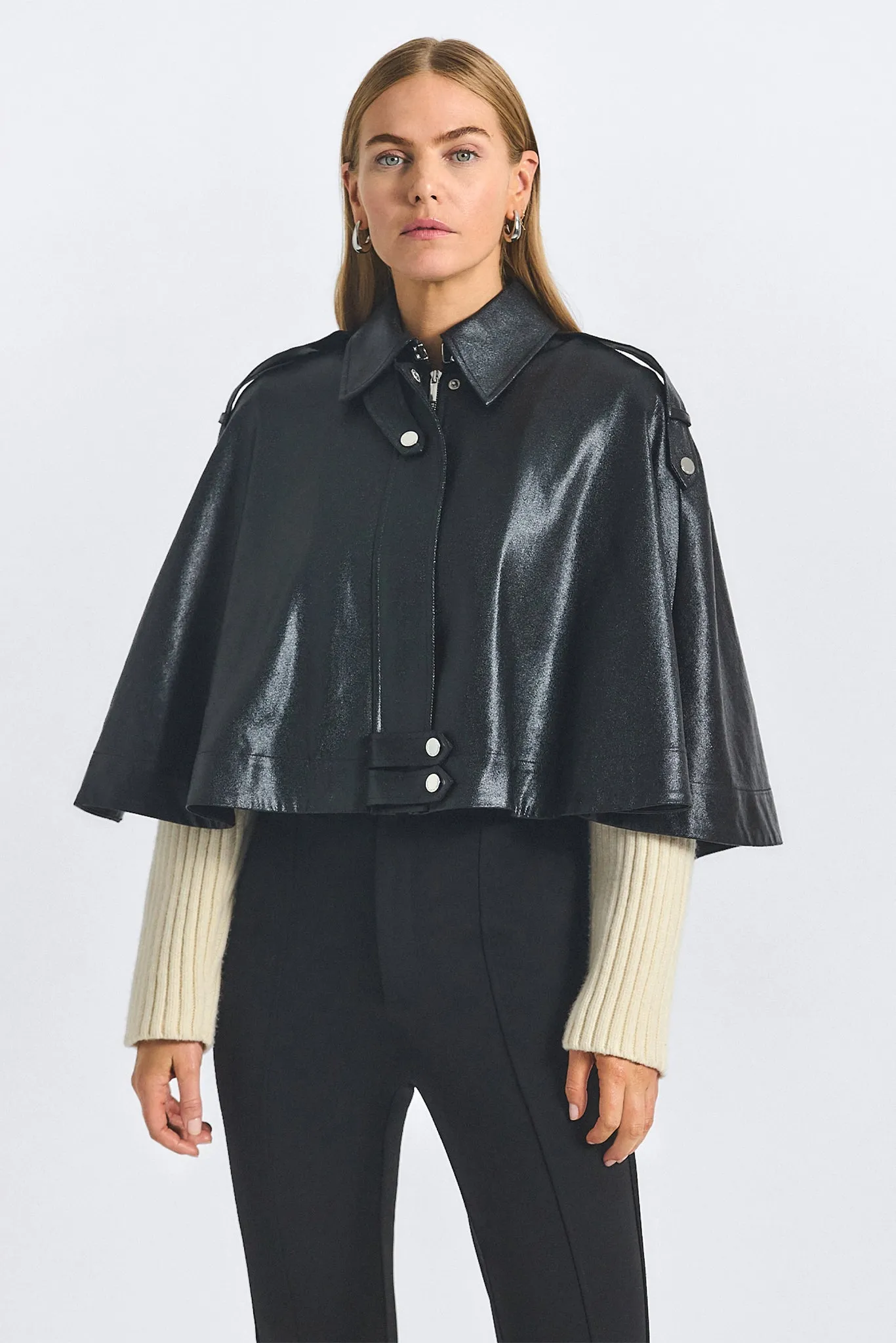 Beatrix Coated Twill Cape With Knitted Sleeves - Black sold by Derek Lam