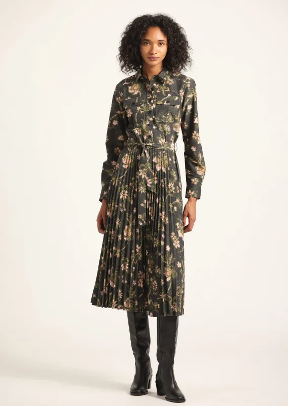 Kenza Pleated Midi Dress - Black Fall Foliage sold by Derek Lam