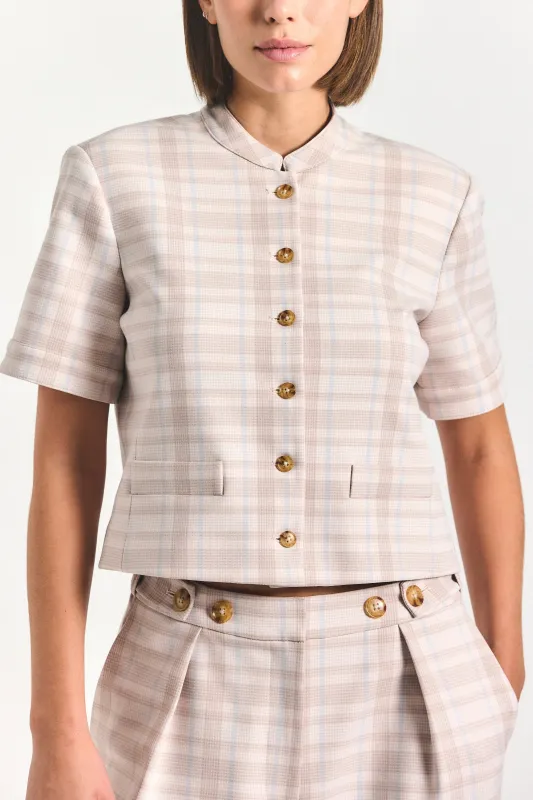 Grace Short Sleeve Jacket - Taupe/Blue Plaid sold by Derek Lam
