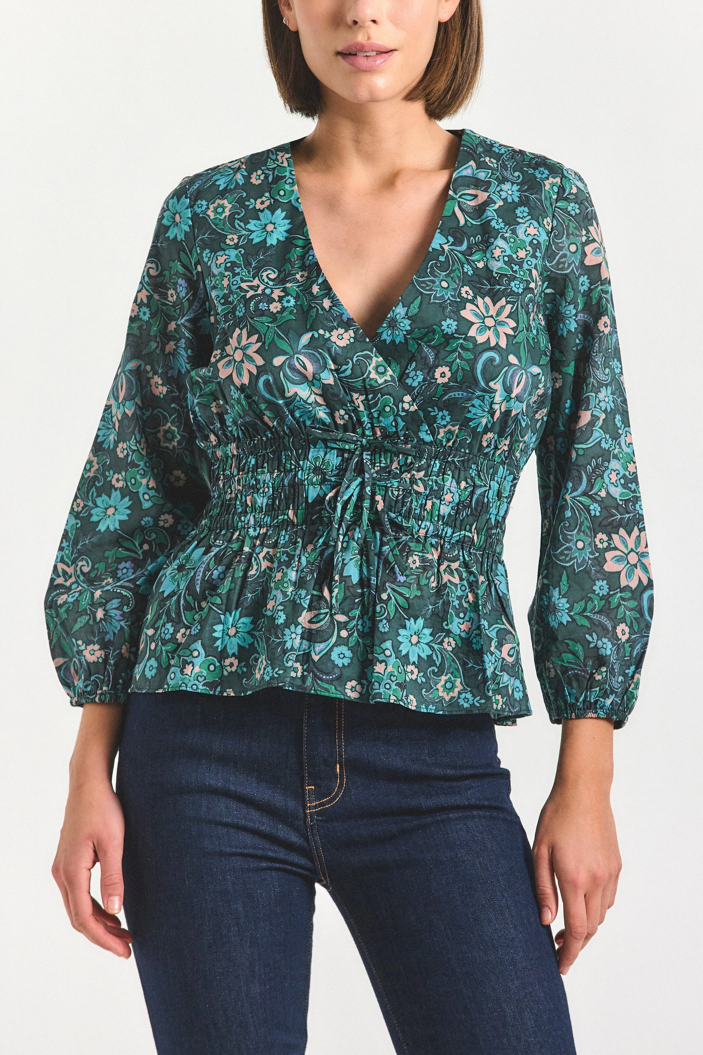 Lilith V-Neck Blouse - Teal Multi sold by Derek Lam