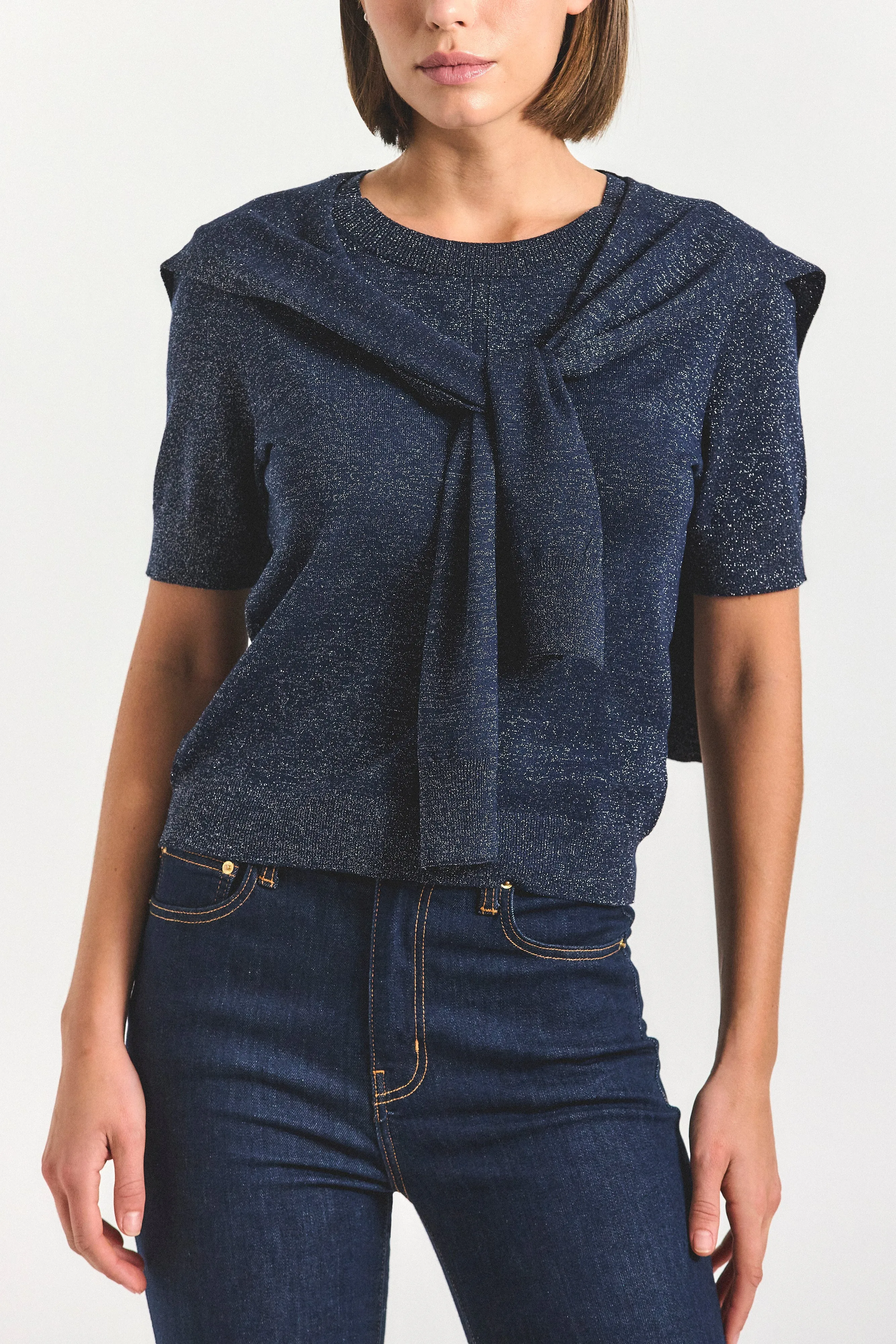 Twain Short Sleeve Pre Styled Sweater - Navy sold by Derek Lam