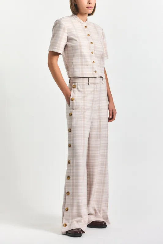 Carter Wide Leg Button Trouser - Taupe/Blue Plaid sold by Derek Lam