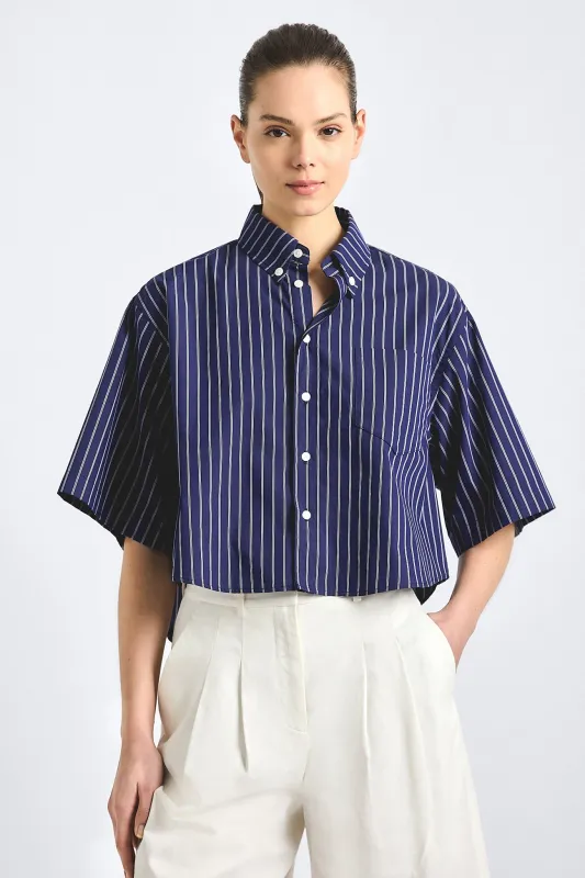 Ember Cropped Button Down Shirt - Dark Navy Stripe sold by Derek Lam