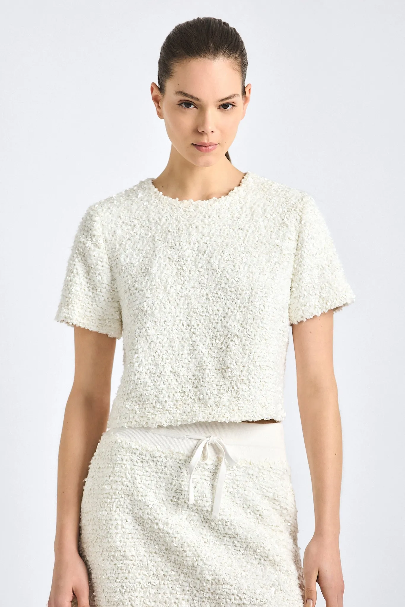 Syrena Paillette Boucle Cropped Boxy Tee - Blanc De Blanc sold by Derek Lam