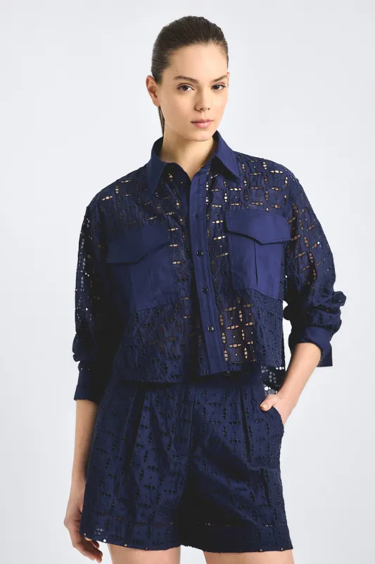Anouk Cropped Button Down Shirt - Navy sold by Derek Lam