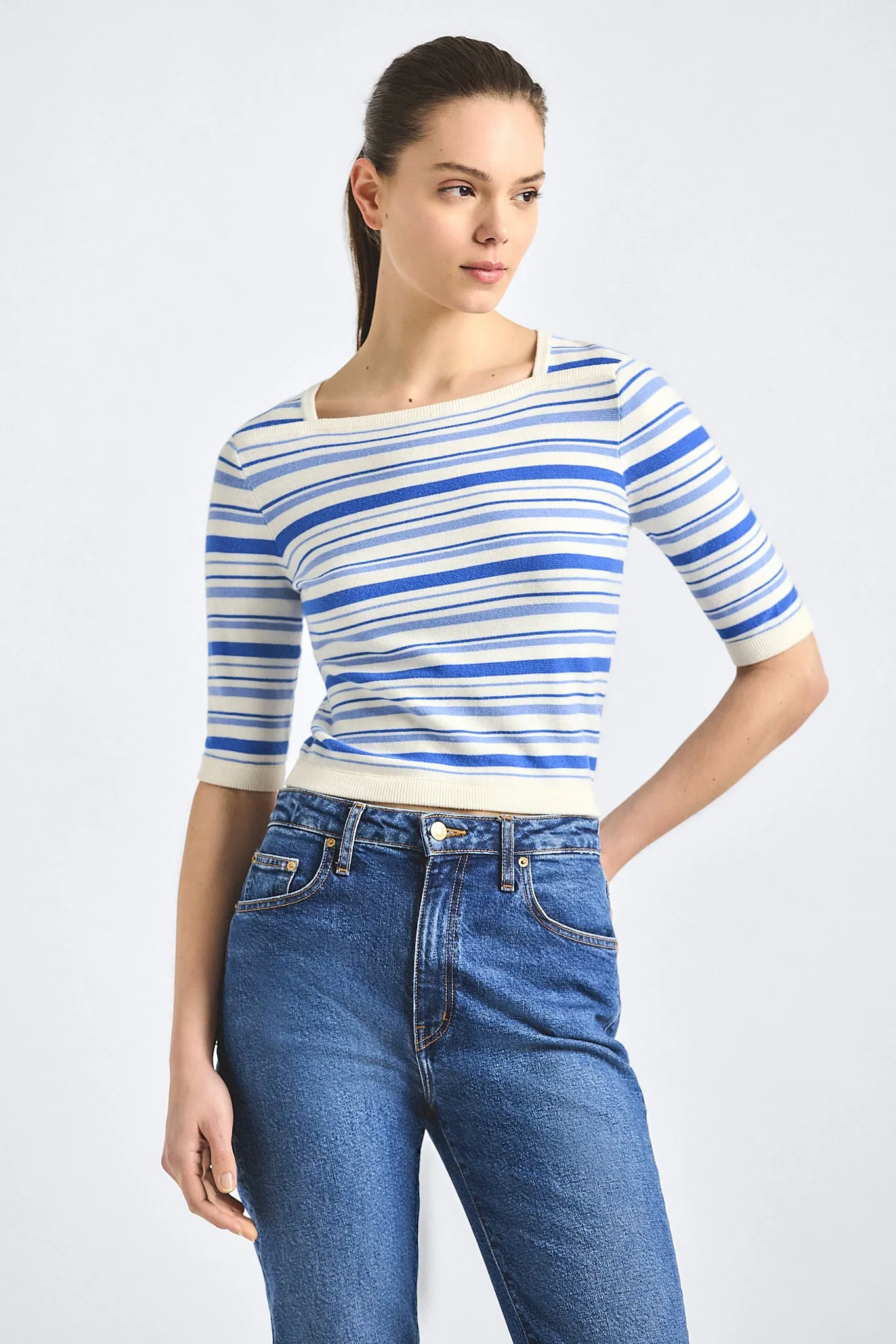 Andora Striped Boatneck Sweater - Cloud Blue Multi sold by Derek Lam