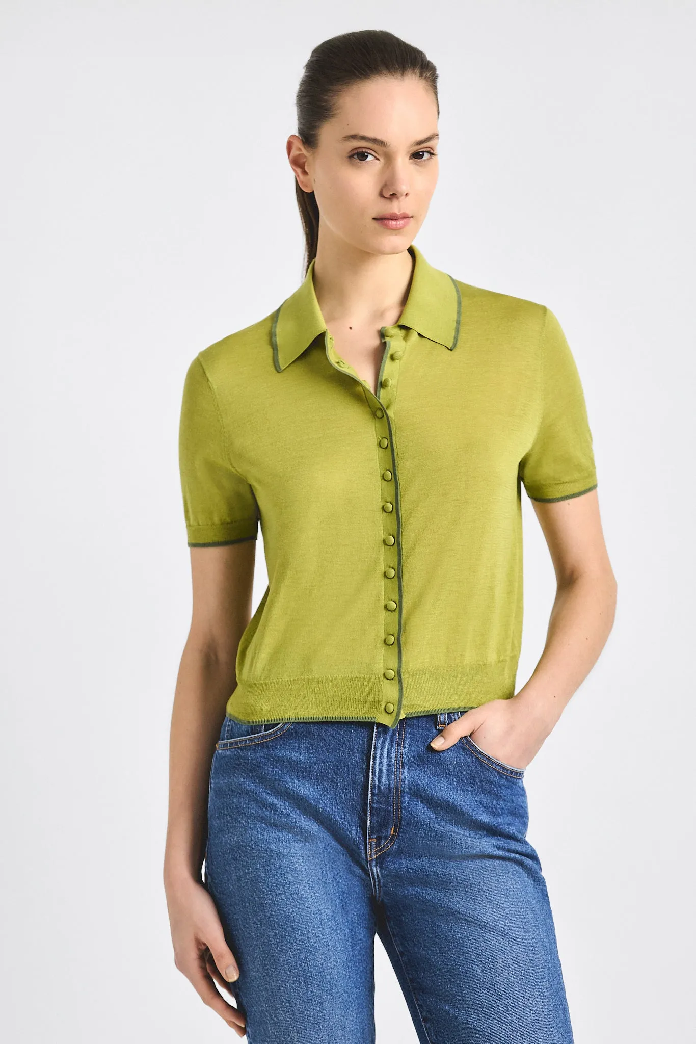 Dorella Short Sleeve Polo Sweater - Green Olive sold by Derek Lam