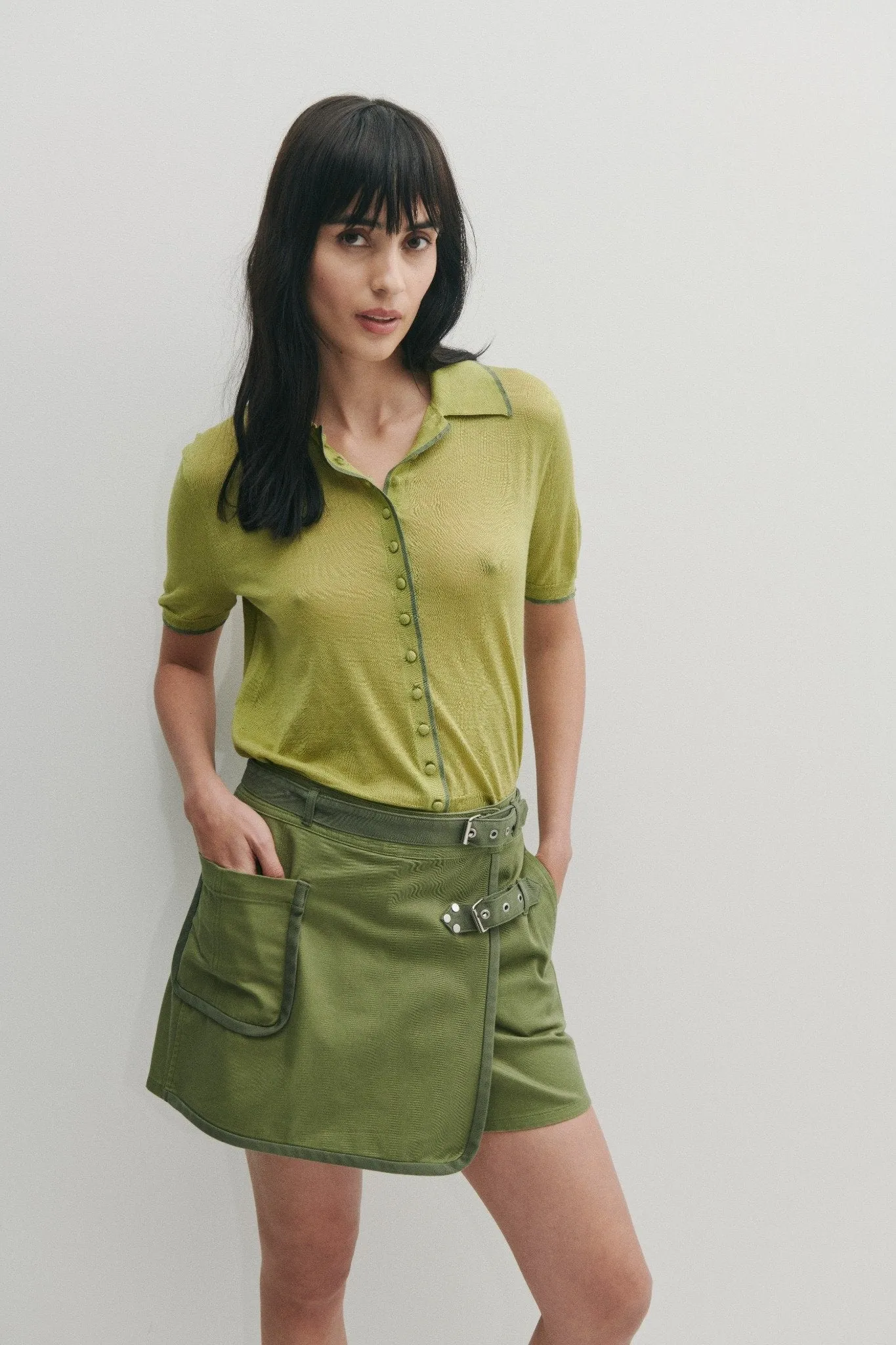 Dorella Short Sleeve Polo Sweater - Green Olive sold by Derek Lam product image thumbnail 2