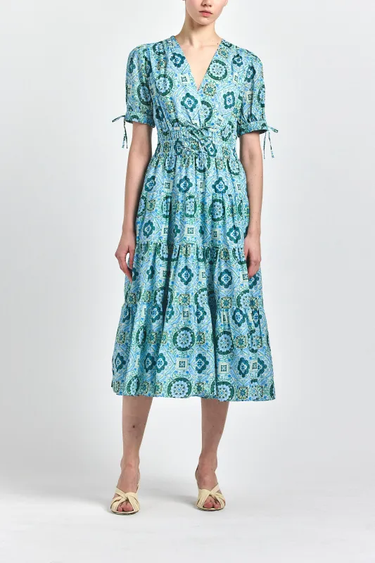 Thalia Puff Sleeve V-Neck Dress - Blue Medallion made by Derek Lam