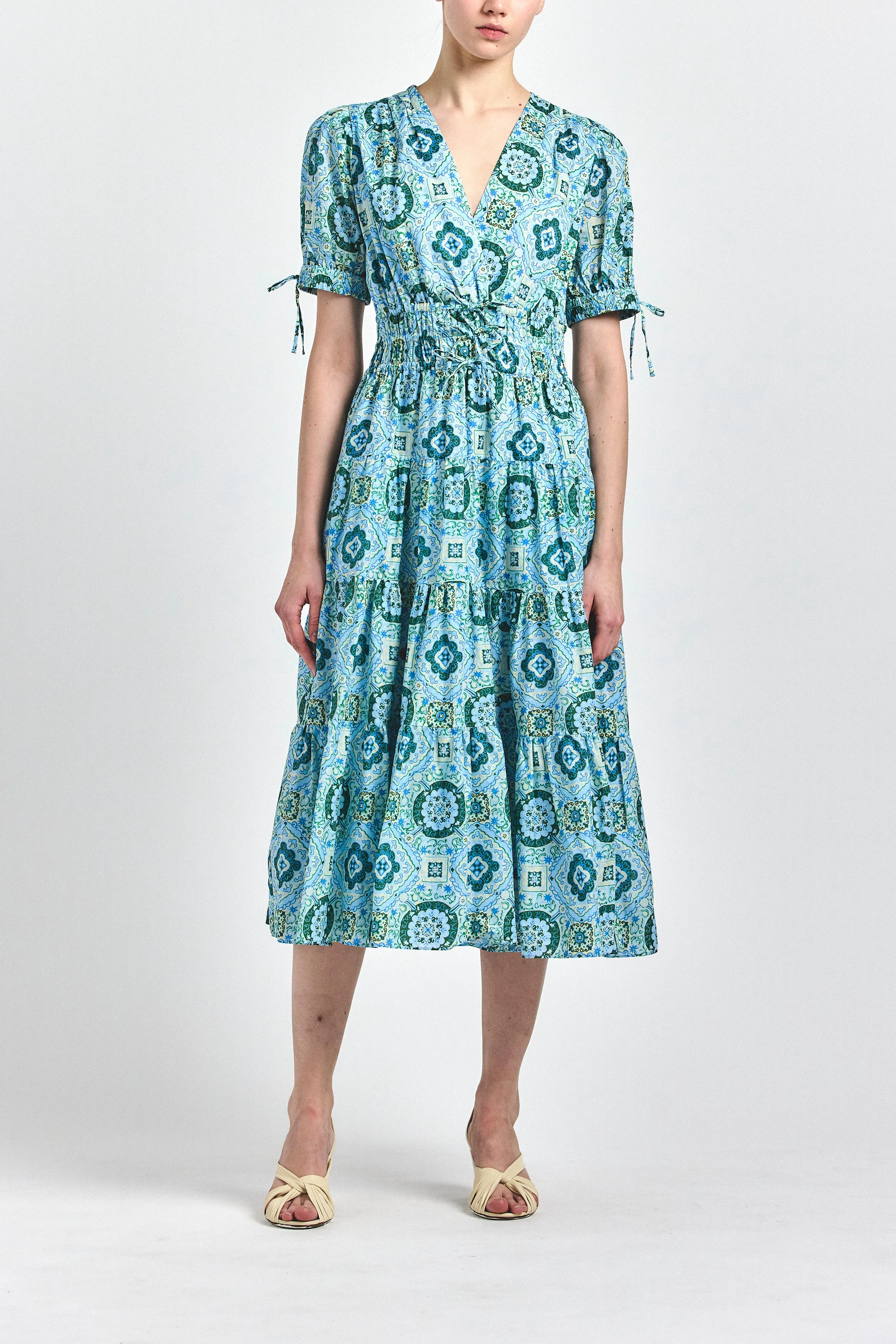 Thalia Puff Sleeve V-Neck Dress - Blue Medallion sold by Derek Lam