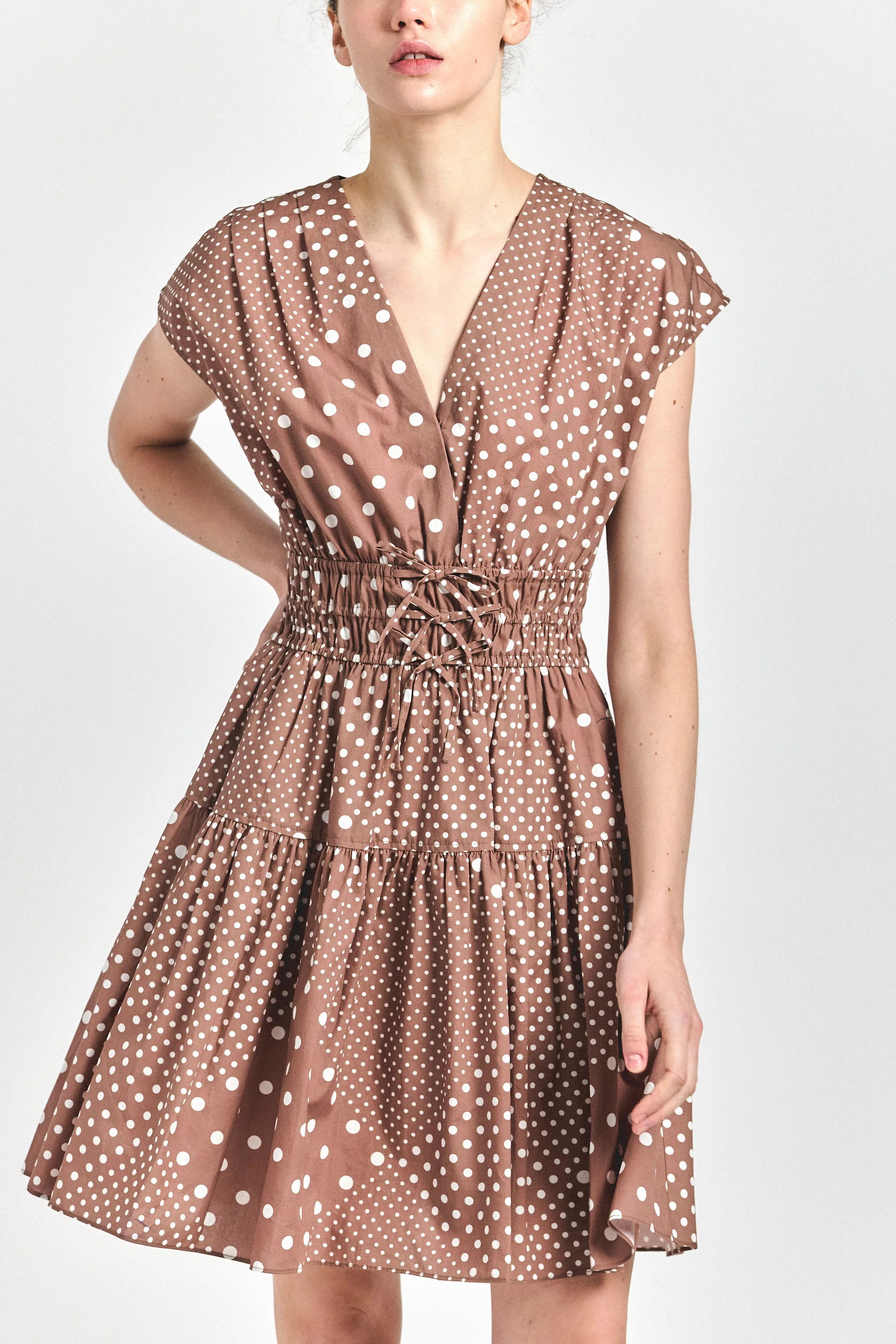 Tora V-Neck Dress - Tan Polka Dot sold by Derek Lam