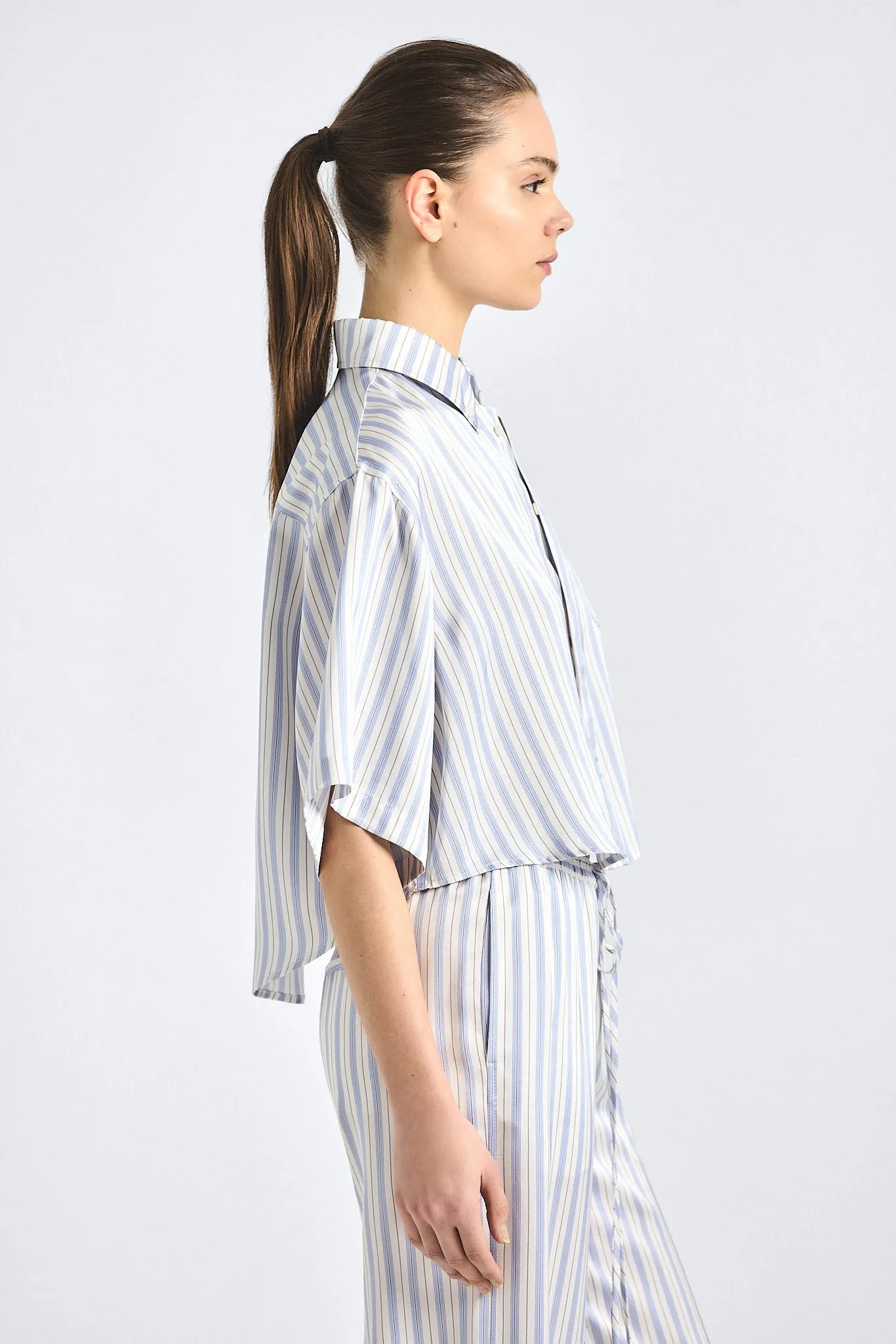 Ember Cropped Button Down Shirt - Lisbon Blue Stripe sold by Derek Lam product image thumbnail 3