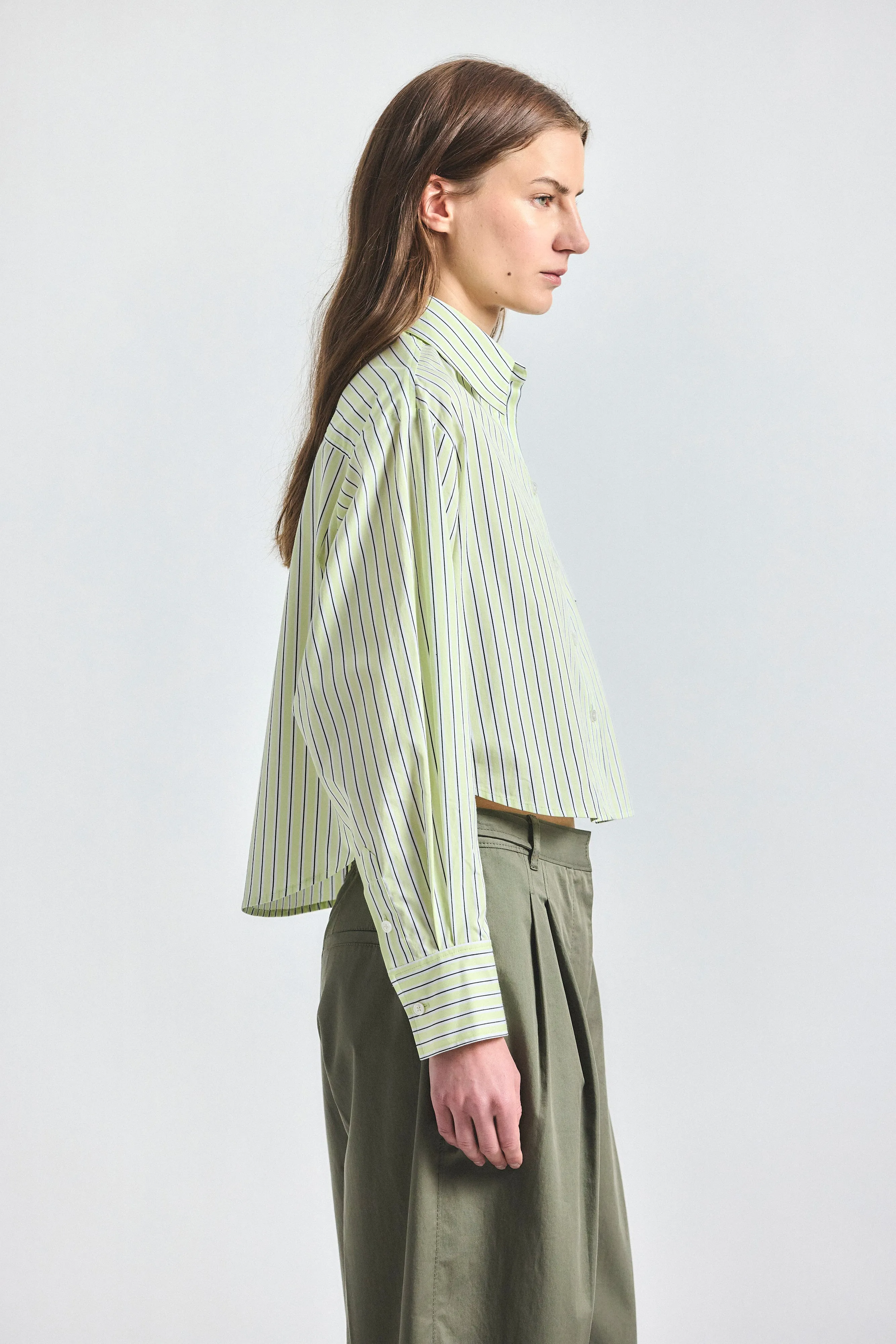 Evelina Cropped Button Up Shirt - Shadow Lime /White sold by Derek Lam product image thumbnail 3
