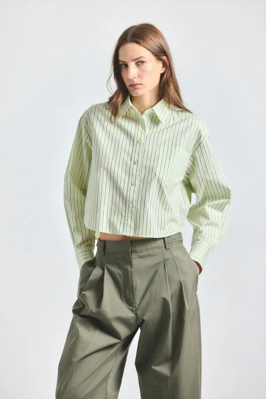 Evelina Cropped Button Up Shirt - Shadow Lime /White made by Derek Lam