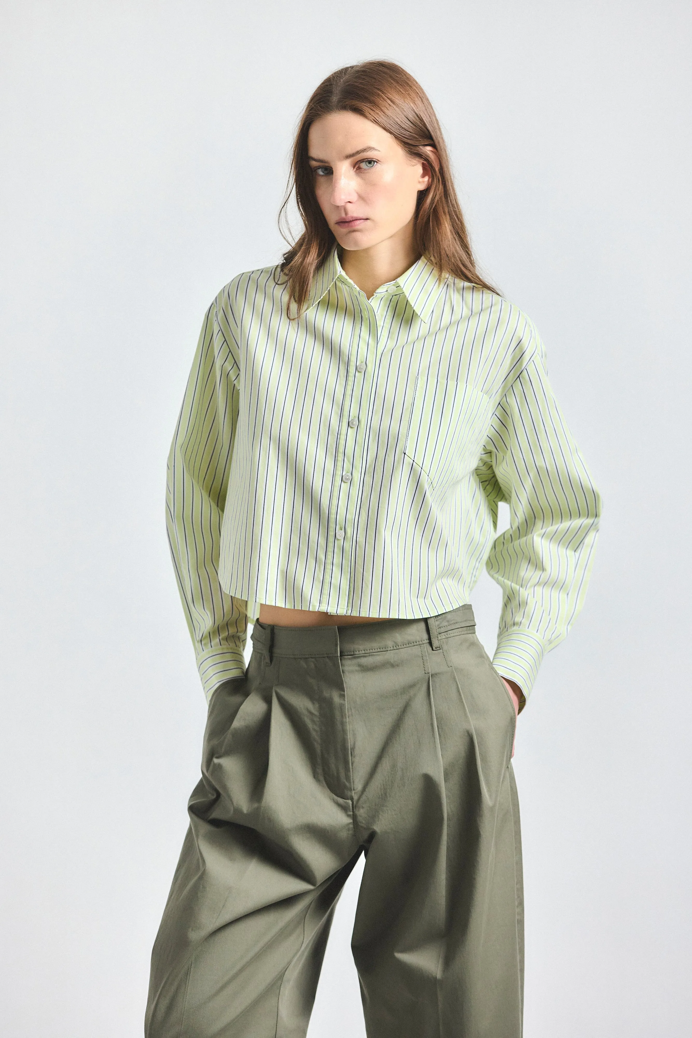 Evelina Cropped Button Up Shirt - Shadow Lime /White sold by Derek Lam