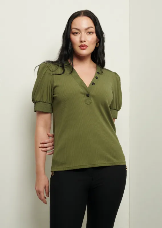 Heather V-Neck Puff Sleeve T-Shirt - Olive sold by Derek Lam