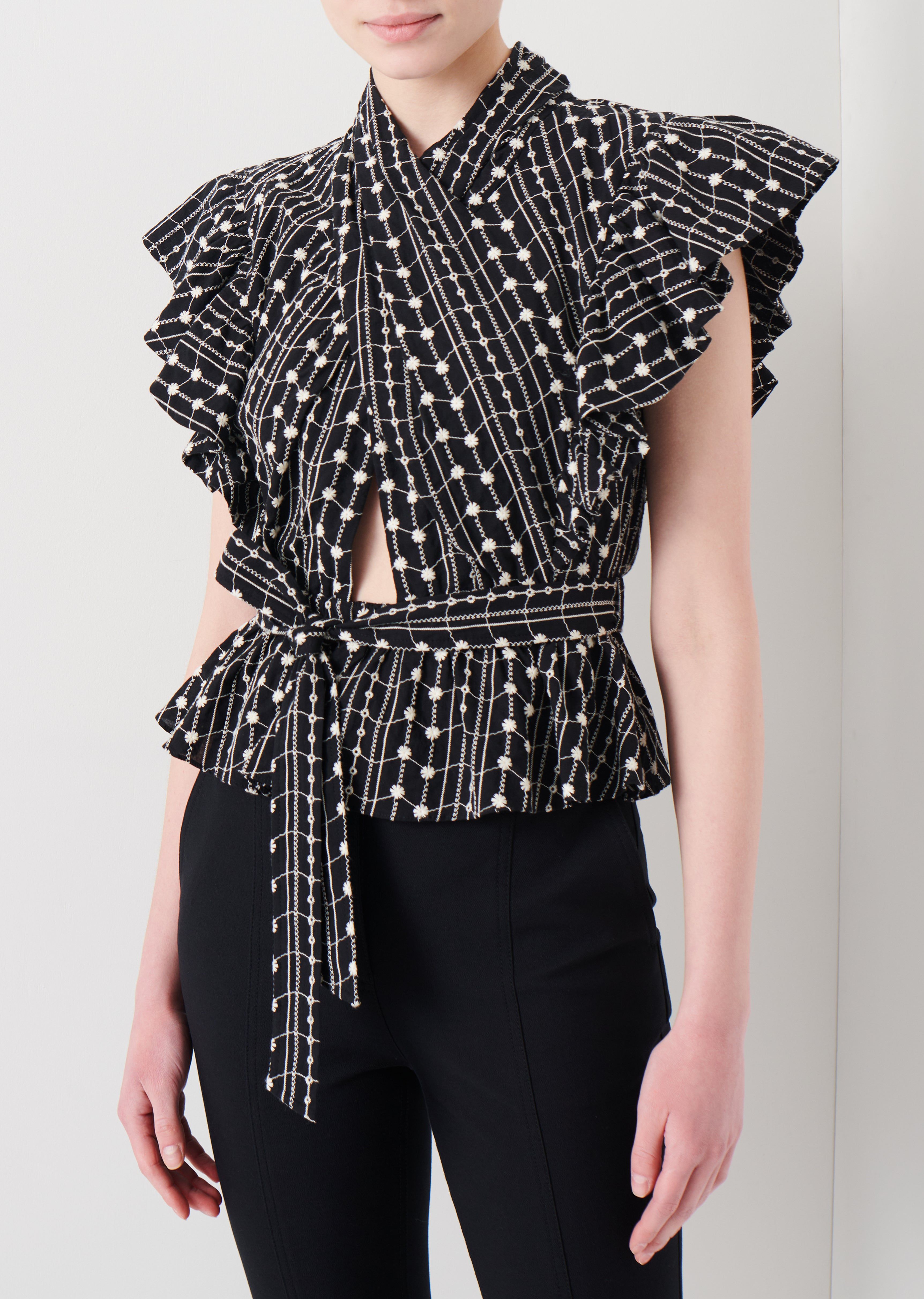 Brynn Ruffle Wrap Top - Black-Ivory sold by Derek Lam