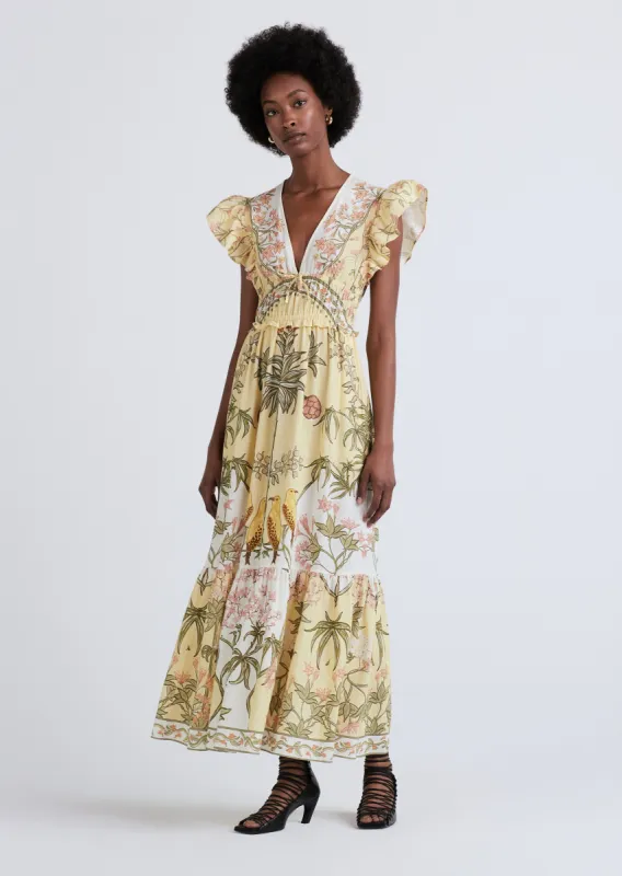 Isadora V-Neck Ruffle Dress - Pale Yellow Multi made by Derek Lam