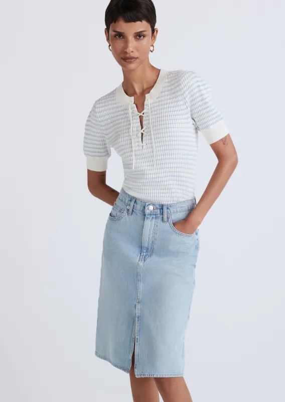 Eloise Lace-Up Henley Top - Ivory-Light Blue sold by Derek Lam
