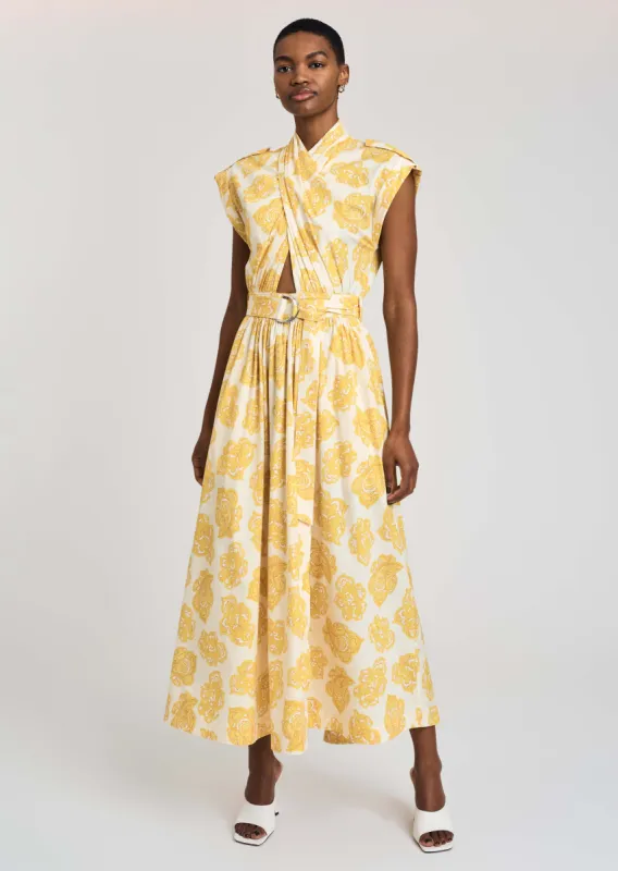 Celeste Wrap Dress - Yellow Multi Poplin sold by Derek Lam