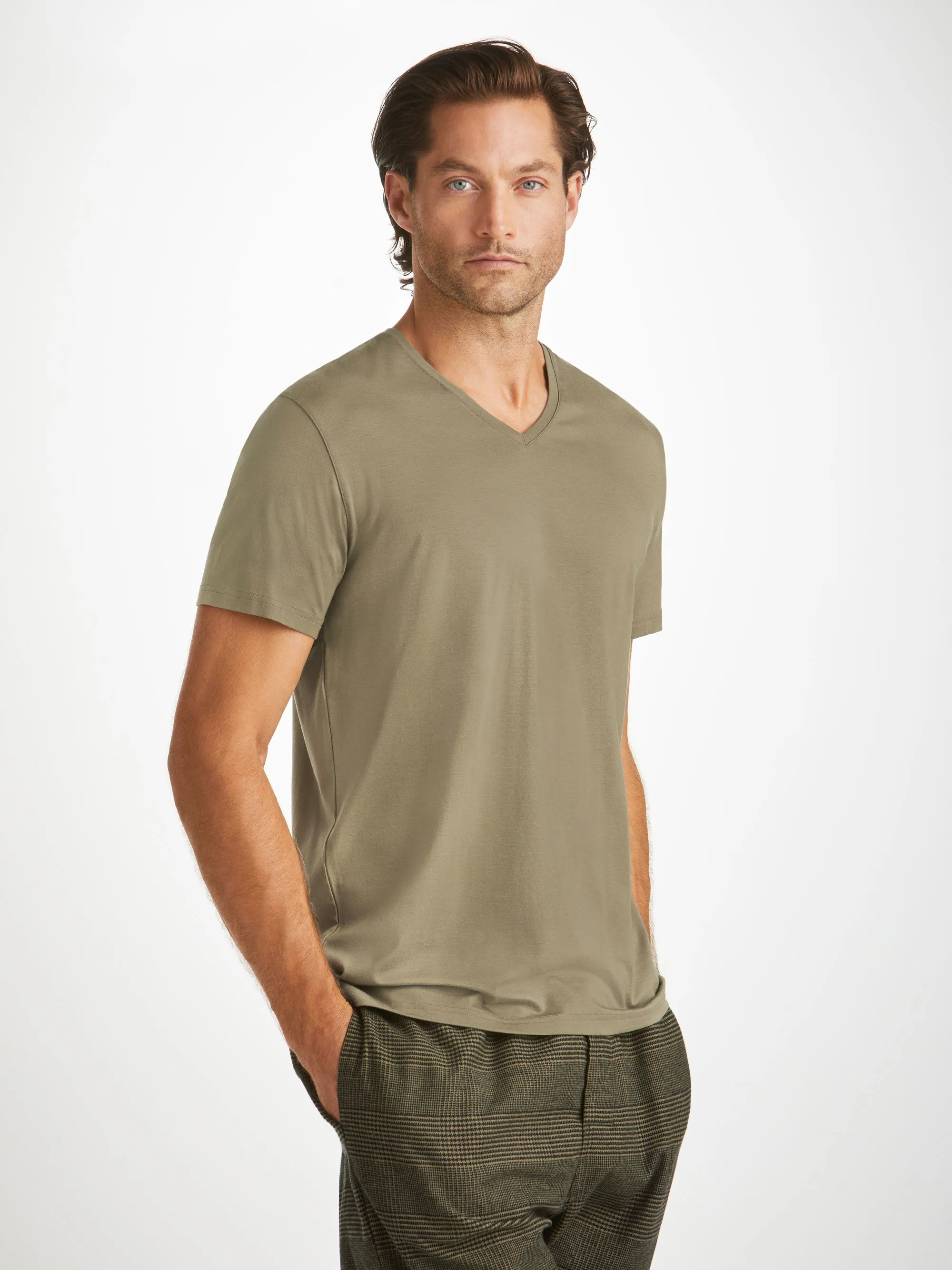 Men's V-Neck T-Shirt Basel Micro Modal Stretch Khaki sold by Derek Rose product image thumbnail 5