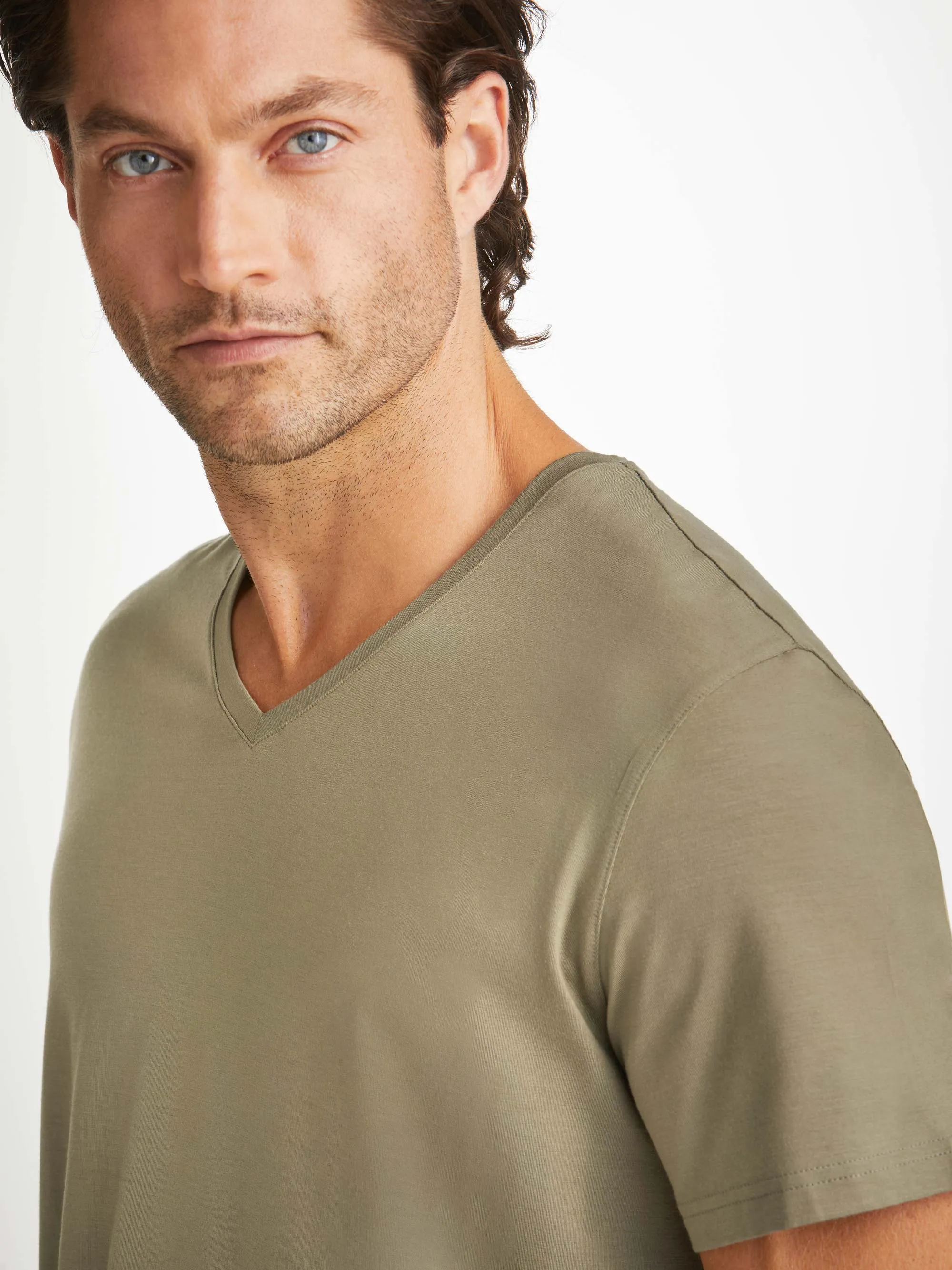 Men's V-Neck T-Shirt Basel Micro Modal Stretch Khaki sold by Derek Rose