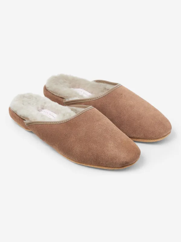 Women's Mule Slippers Imogen Suede Sheepskin Camel sold by Derek Rose