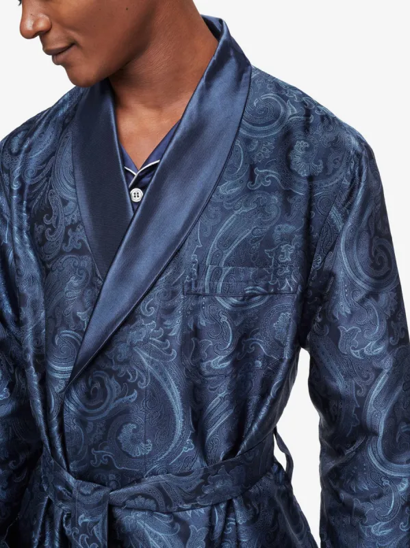Men's Dressing Gown Verona 57 Silk Jacquard Navy sold by Derek Rose