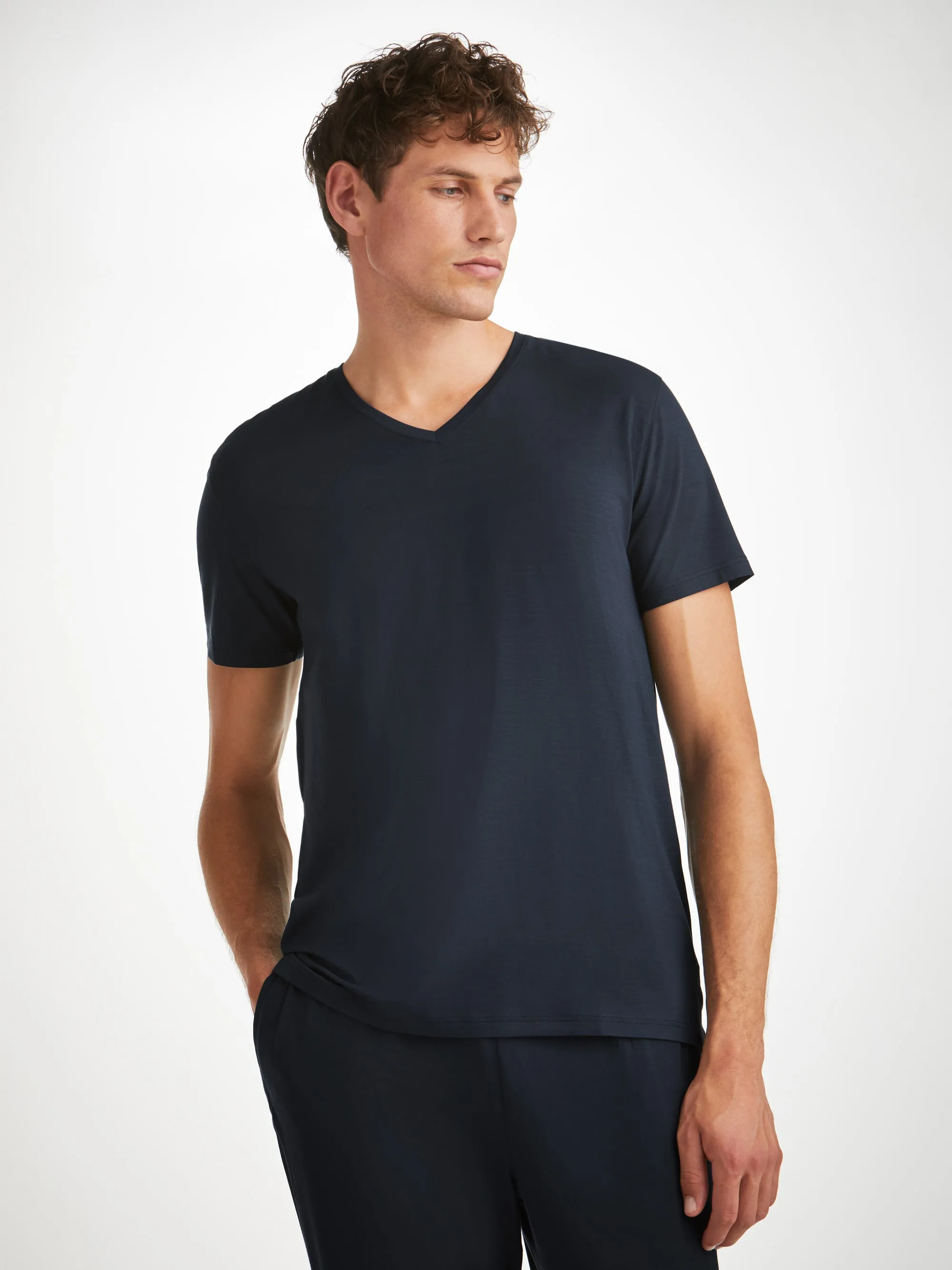 Men's V-Neck T-Shirt Basel Micro Modal Stretch Navy sold by Derek Rose