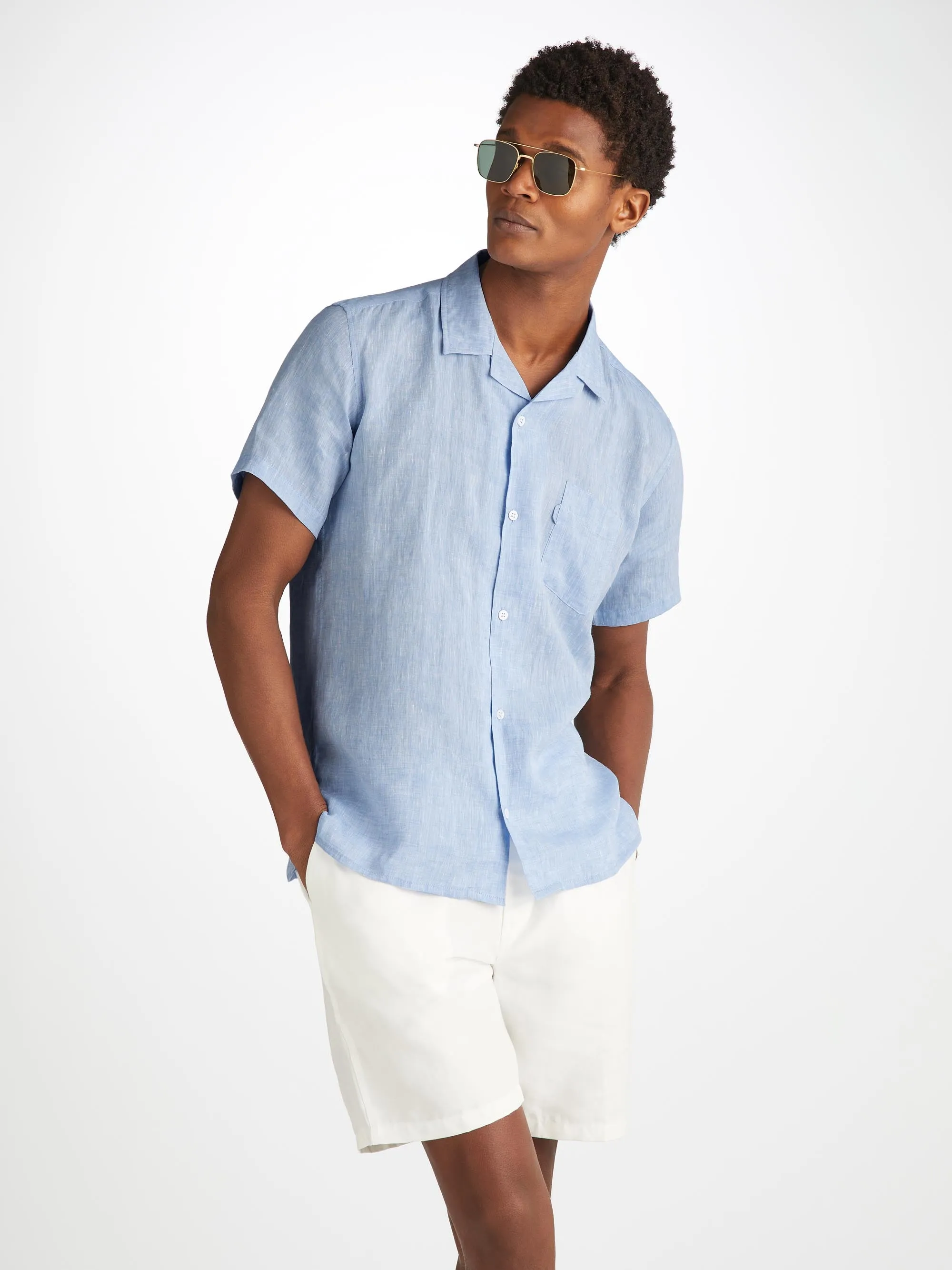 Men's Short Sleeve Shirt Monaco Linen Blue sold by Derek Rose