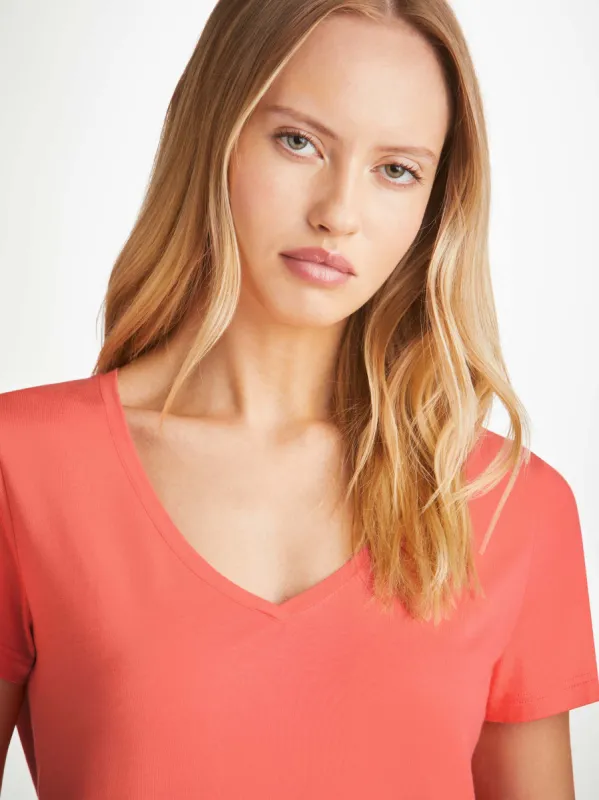 Women's V-Neck T-Shirt Lara Micro Modal Stretch Coral sold by Derek Rose
