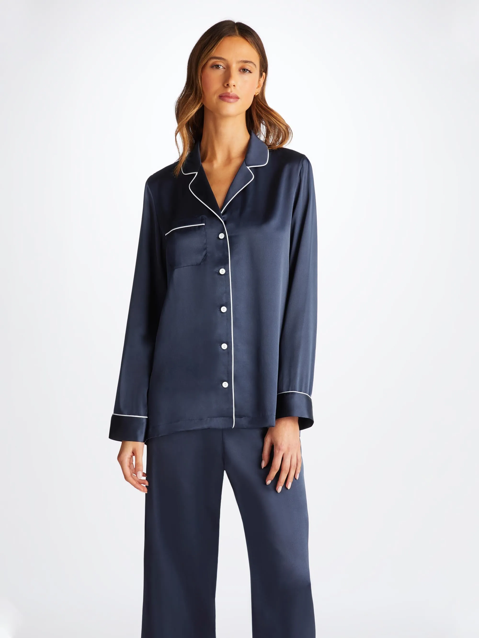 Women's Pajamas Bailey Silk Satin Navy sold by Derek Rose